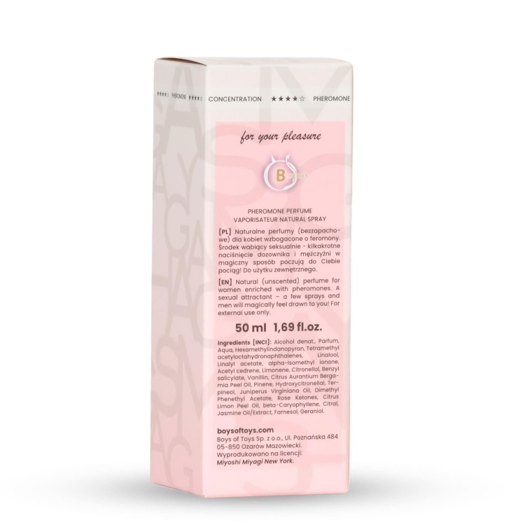 Miyoshi Miyagi Pure – bezzapachowe feromony dla kobiet.  50ml. Podkreślają kobiecość, wzmacniają efekty ulubionych perfum