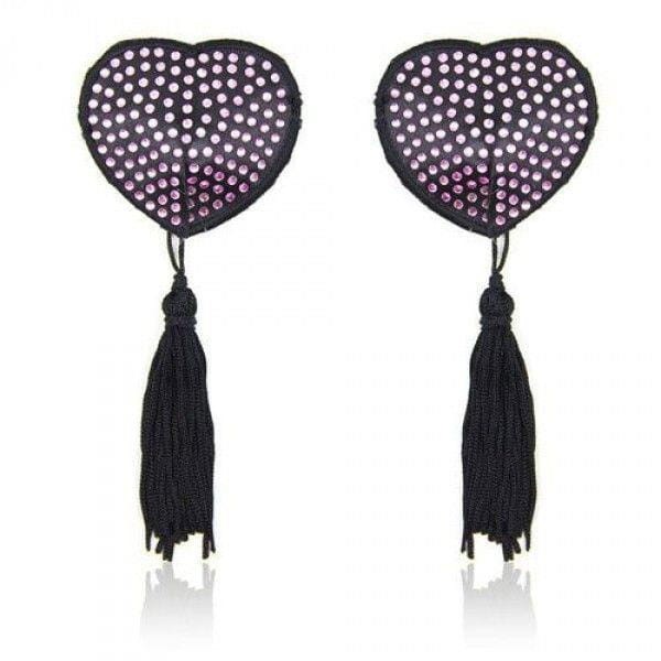Nakładki na biust  w kształcie serca -czarne z różowymi  cyrkoniami Heart shine nipples tassels