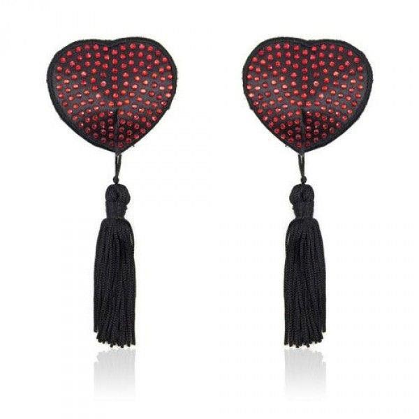 Nakładki na biust  w kształcie serca-czarne z czerwonymi cyrkoniami Heart shine nipples tassels