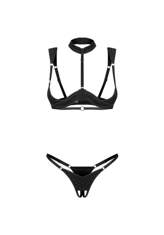 Komplet 2-częściowy otwarte miseczki, z chokerem i stringami , rozm  2XL/3XL czerń