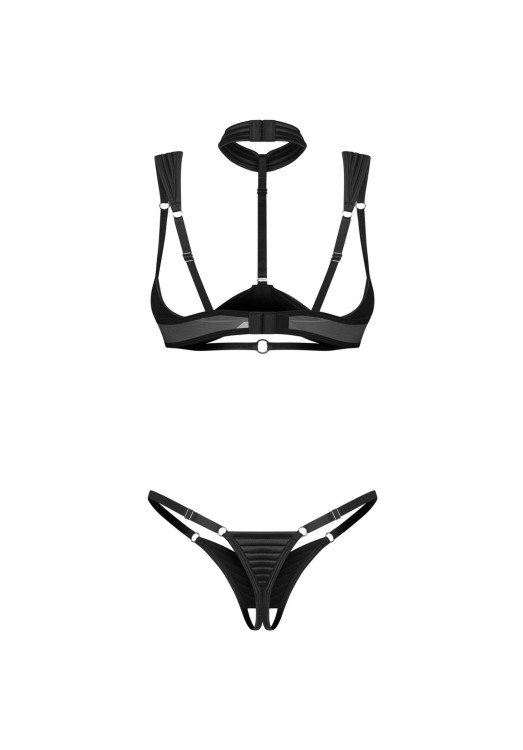 Komplet 2-częściowy otwarte miseczki, z chokerem i stringami , rozm  2XL/3XL czerń