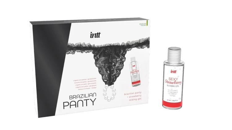 Zestaw-BRAZILIAN PANTY BLACK -elikatne koronkowe figi z pojedynczym perłowym pierścieniem, oraz żelem