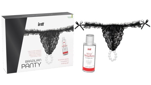Zestaw-BRAZILIAN PANTY BLACK -elikatne koronkowe figi z pojedynczym perłowym pierścieniem, oraz żelem