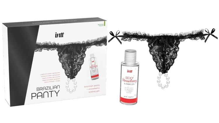 Zestaw-BRAZILIAN PANTY BLACK -elikatne koronkowe figi z pojedynczym perłowym pierścieniem, oraz żelem